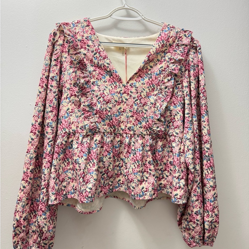 Entro Pink Floral Ruffle V-Neck Peplum Blouse size Large